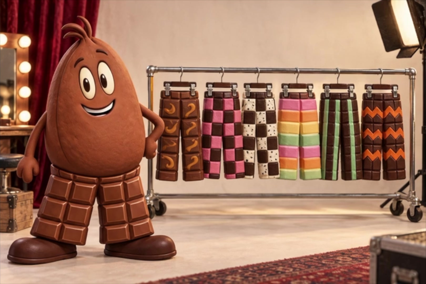 NIBS wearing brown chocolate bar trousers beside a wardrobe rail