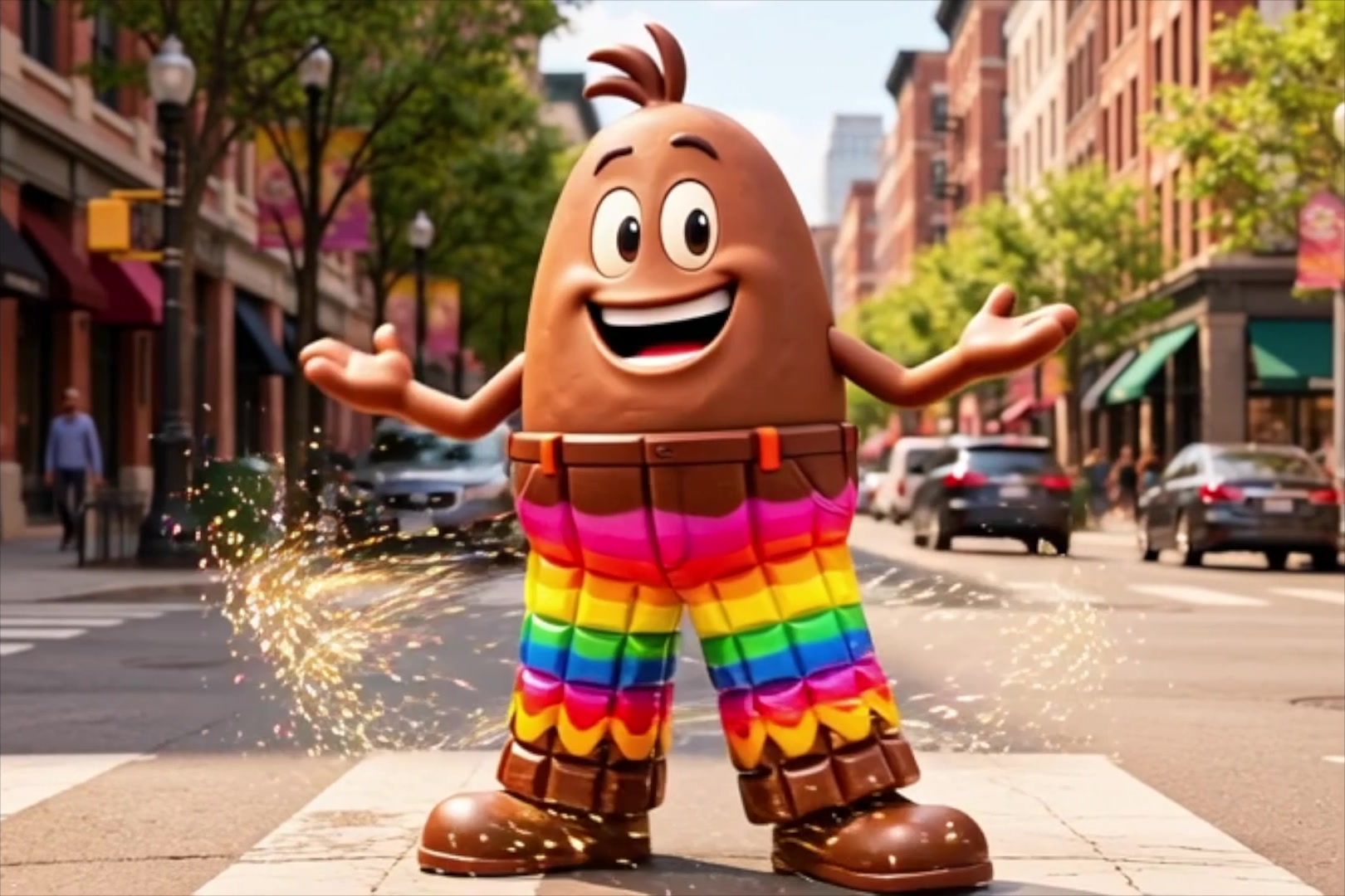 NIBS smiling with arms open in rainbow chocolate trousers on a city street