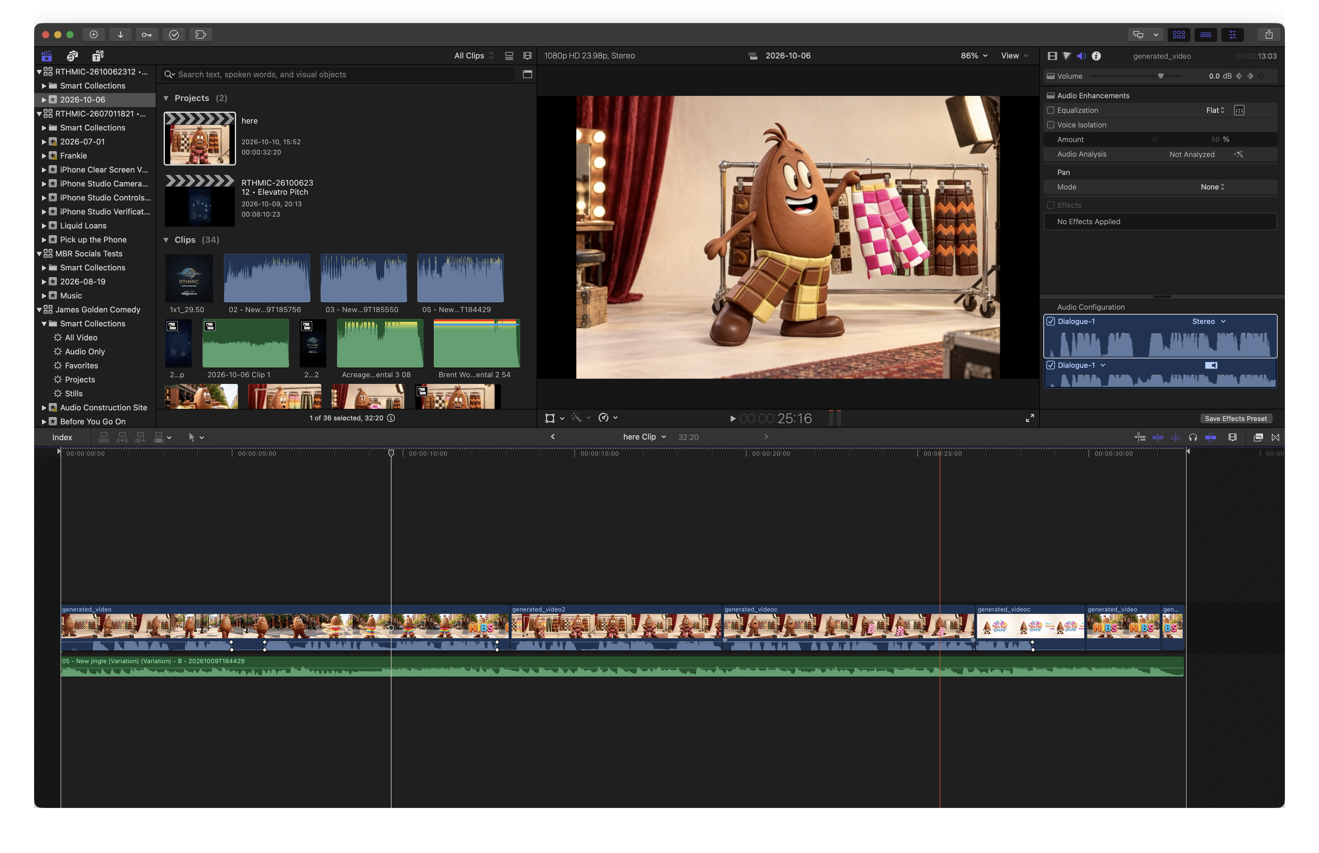 The NIBS edit in Final Cut Pro, with NIBS choosing pink trousers in the viewer, the media browser, video clips and the green jingle audio track below